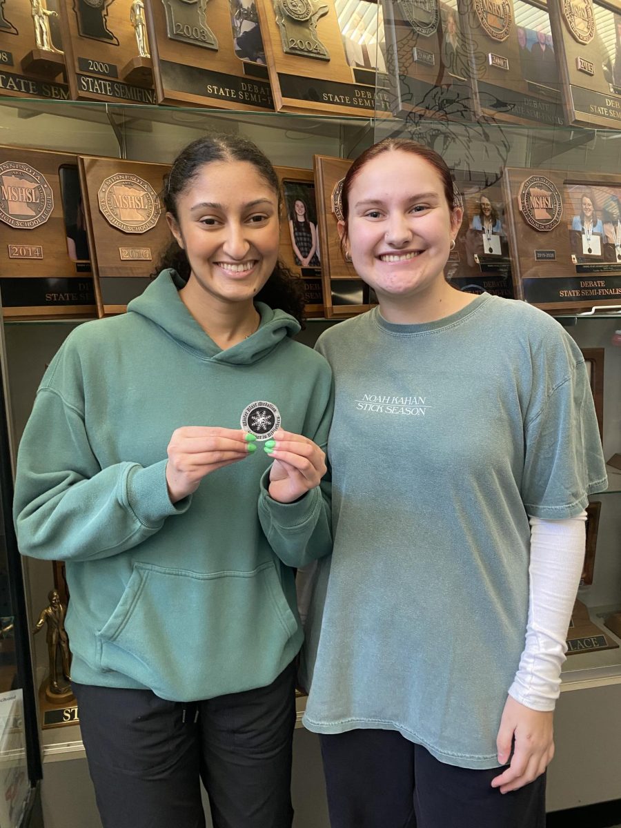 Seniors Heena Gupta and Marina Clubb moments after finding 2025 Winter Blast Medallion shortly after school on Thursday, January 30. 